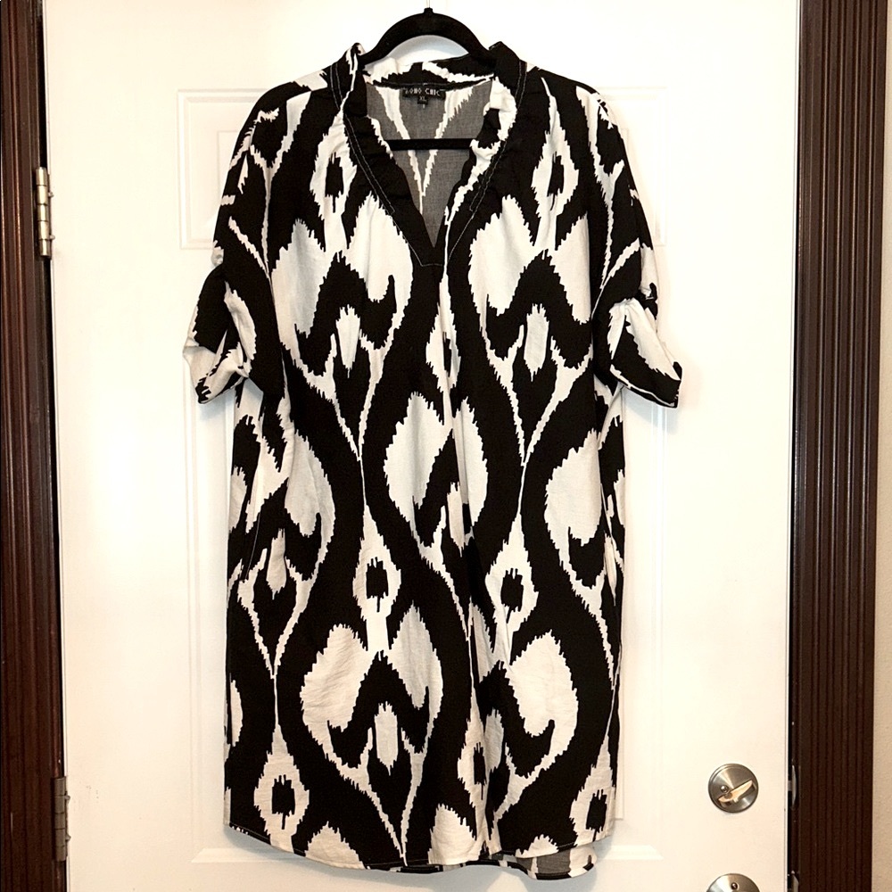 Boho Chic Women's I-Kat V-Neck Dress XL Black White Pockets Relaxed Casual